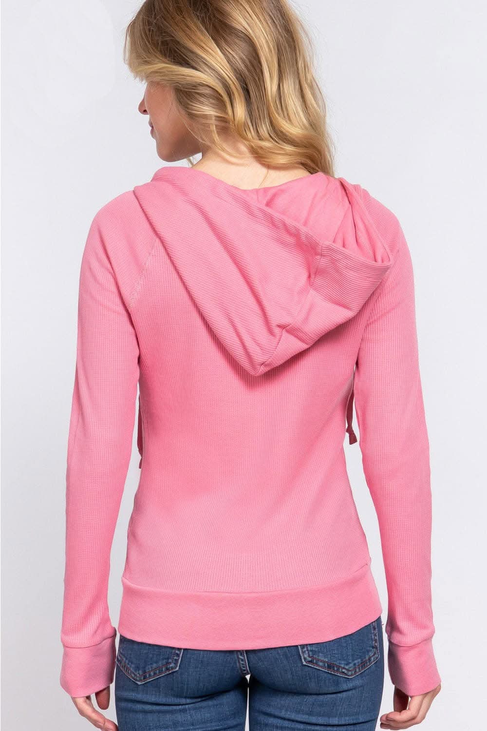 Trendsi ACTIVE BASIC Waffle Knit Drawstring Zip Up Long Sleeve Hoodie Leggings