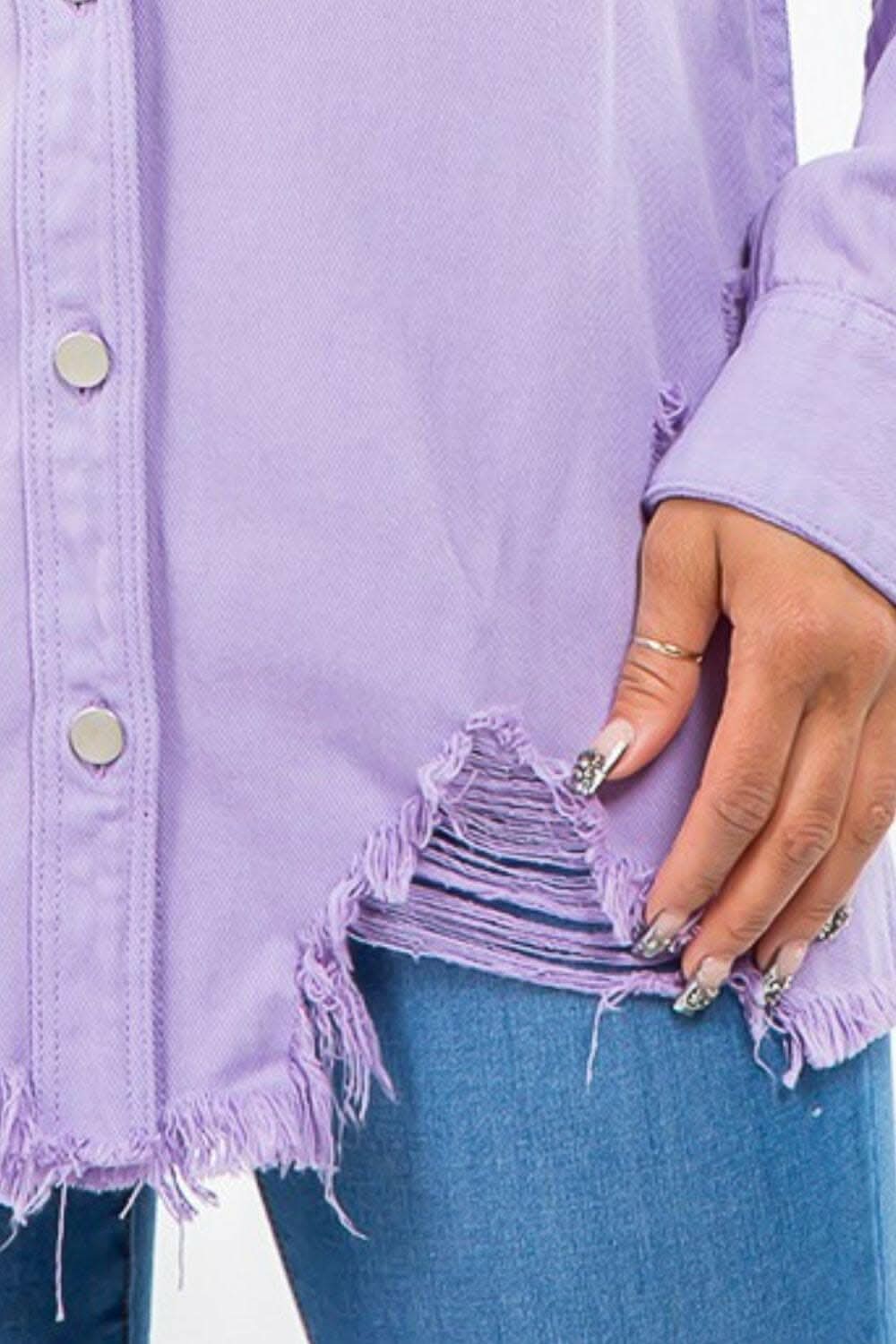 Trendsi American Bazi Frayed Hem Distressed Denim Jacket - Women's Fashion Jeans & Denim Outerwear