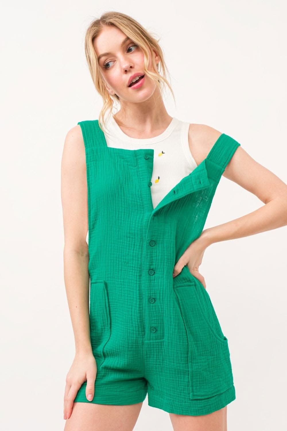 Trendsi And The Why Sleeveless Romper - Button Up, Tie Back, Jumpsuits & Rompers