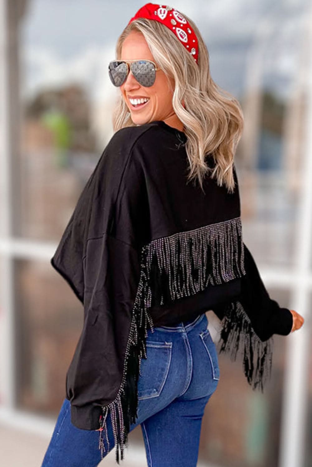 Black cropped rugby sweatshirt with tassels and sequins