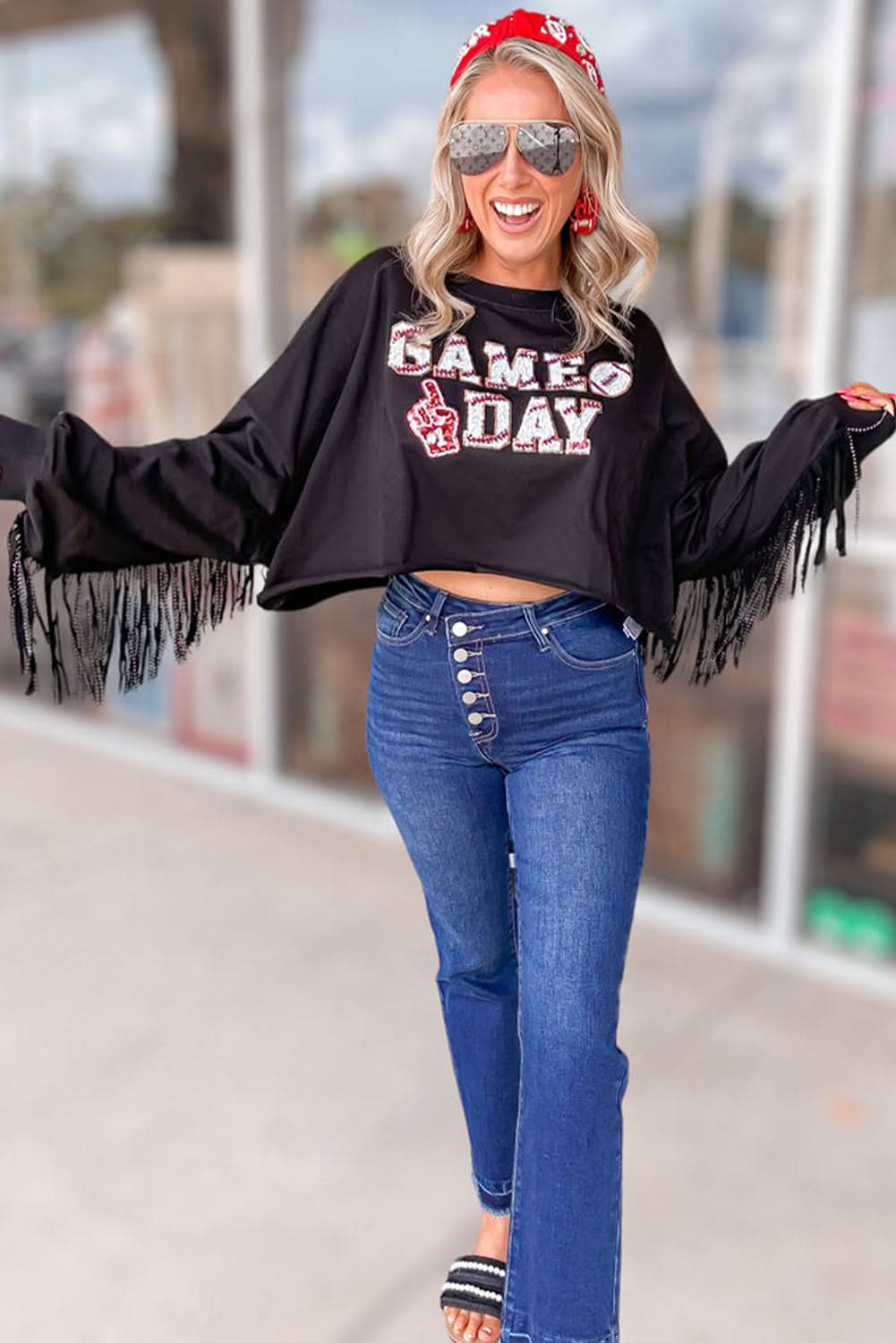 Black cropped rugby sweatshirt with tassels and sequins