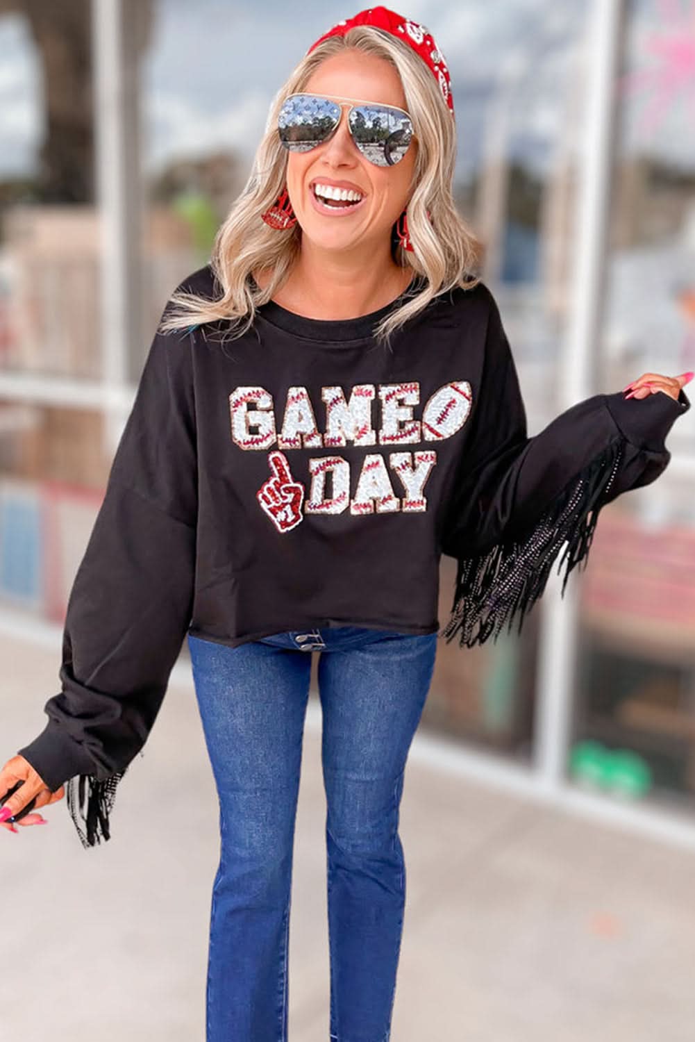 Black cropped rugby sweatshirt with tassels and sequins