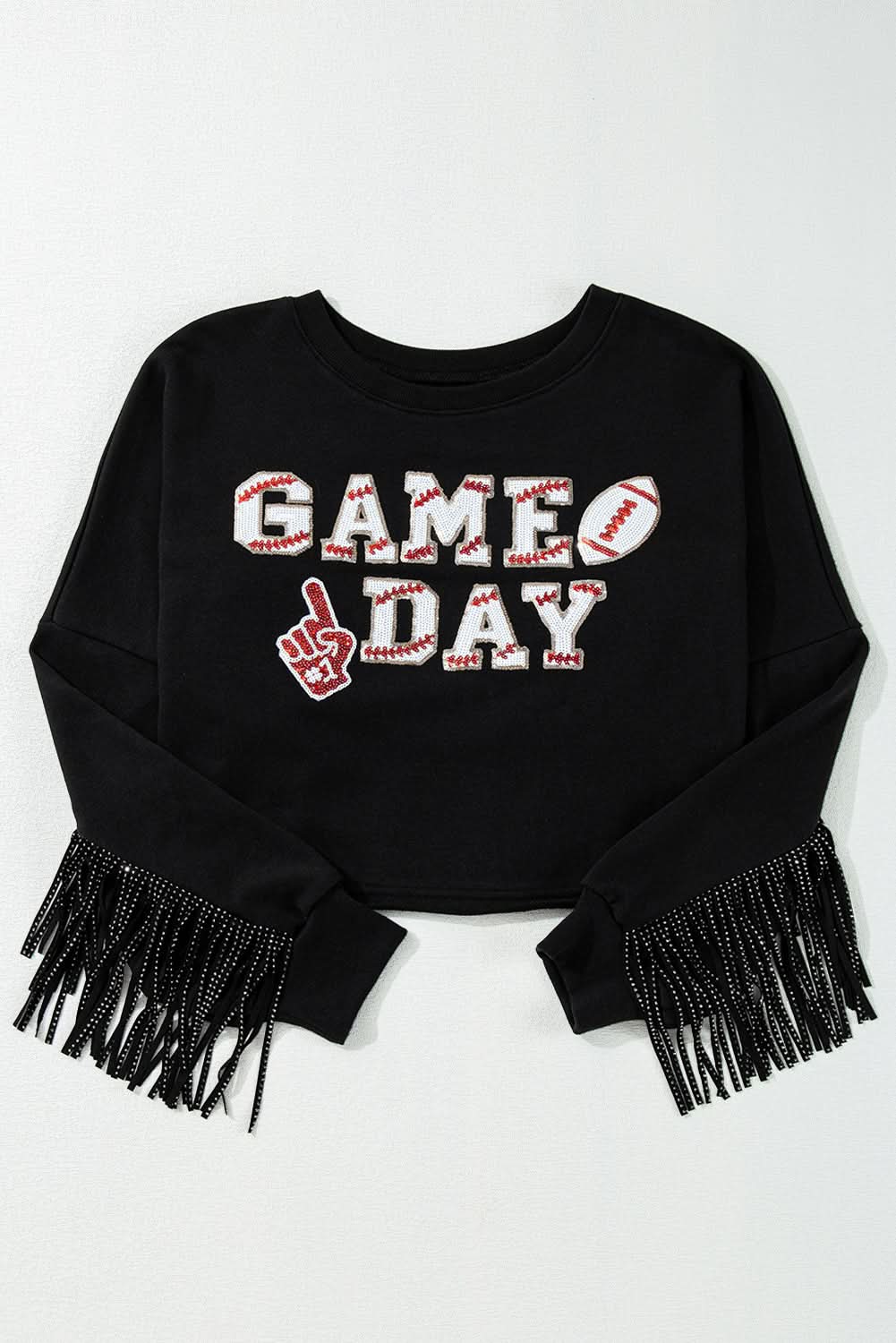 Black cropped rugby sweatshirt with tassels and sequins
