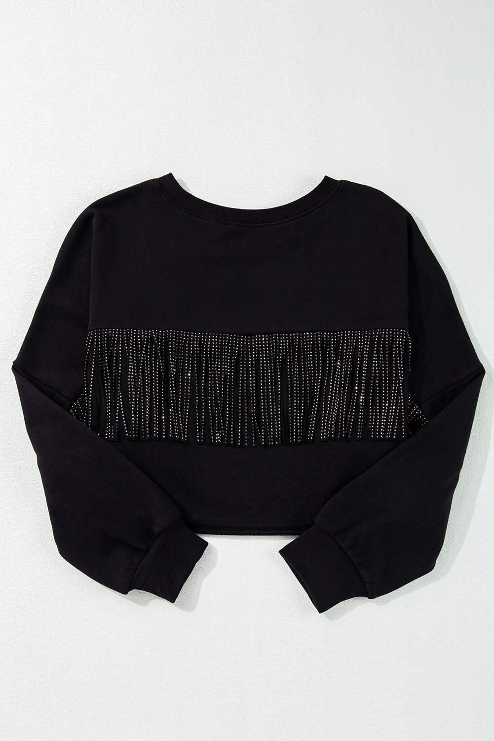 Black cropped rugby sweatshirt with tassels and sequins