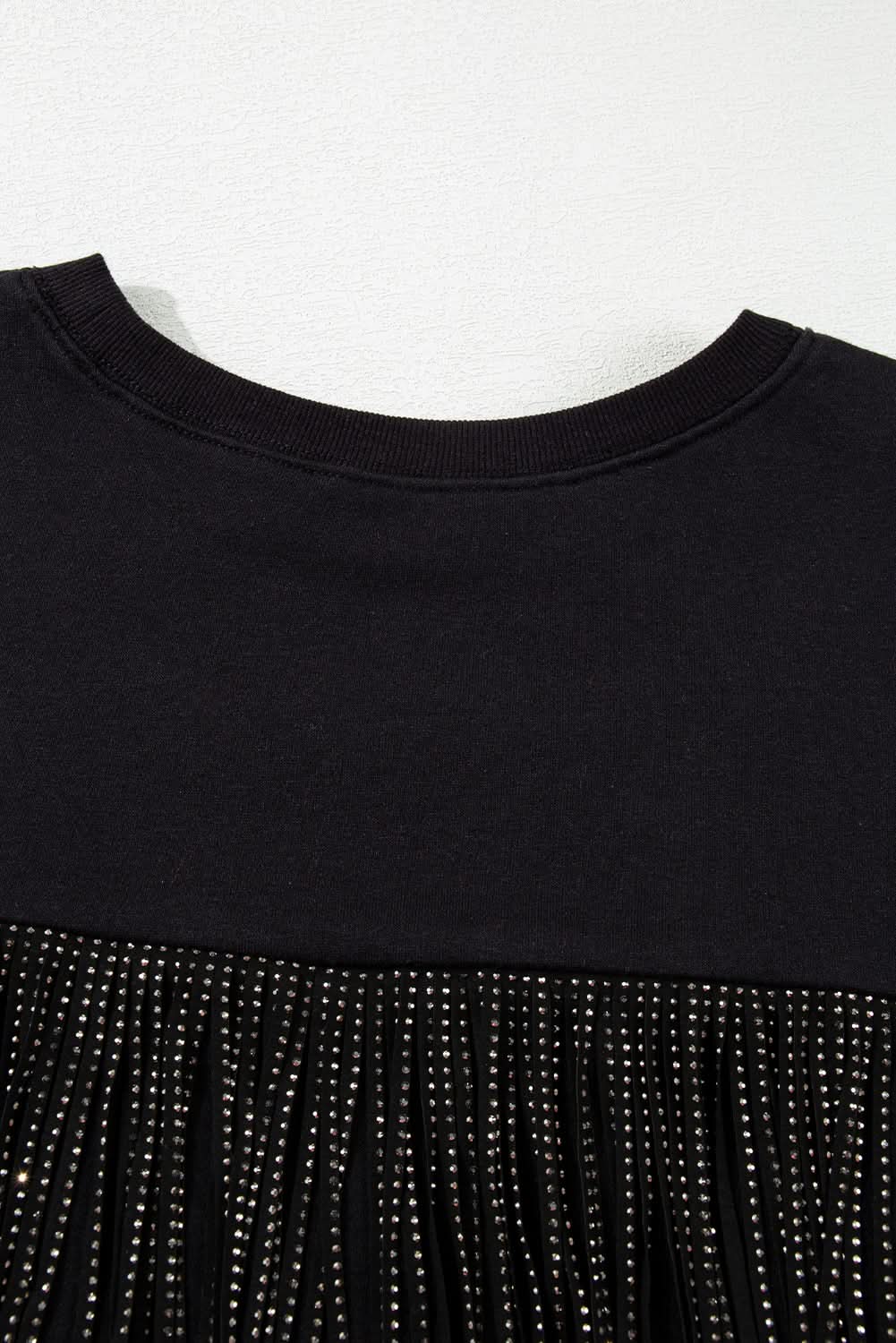 Black cropped rugby sweatshirt with tassels and sequins