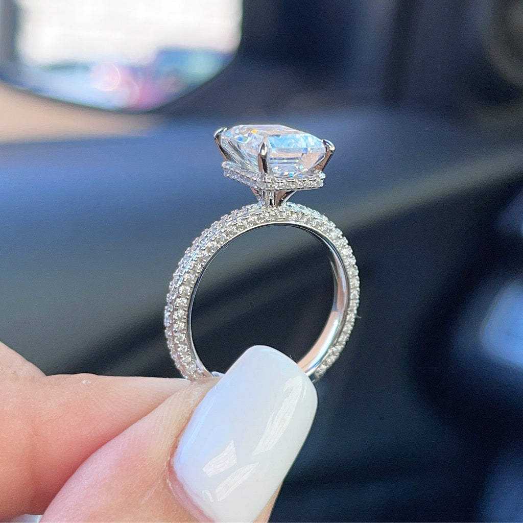 3.0ct Emerald Cut Moissanite Diamond Pavè Three Row Band Engagement Ring