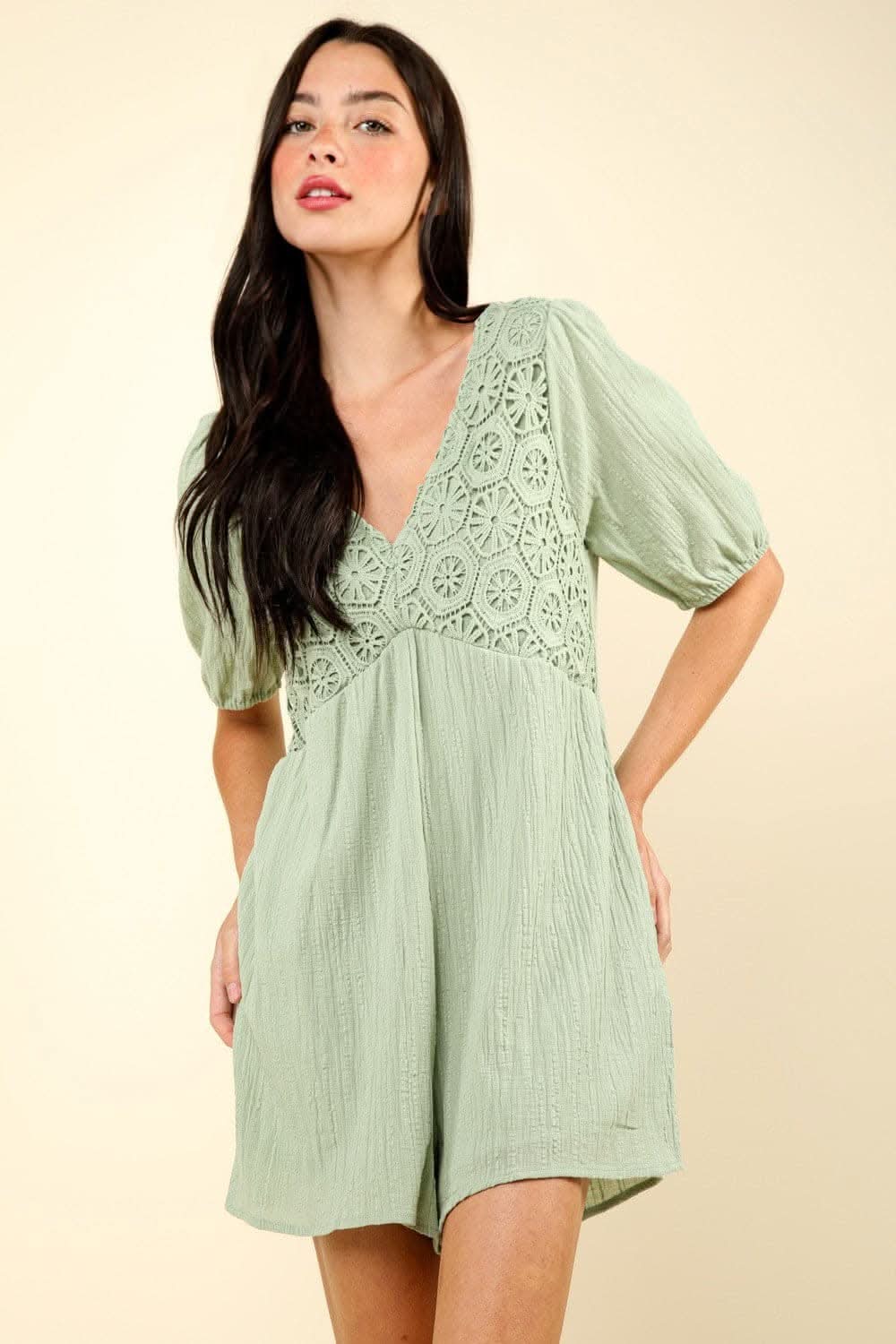 Charming lace puff sleeve romper with pockets