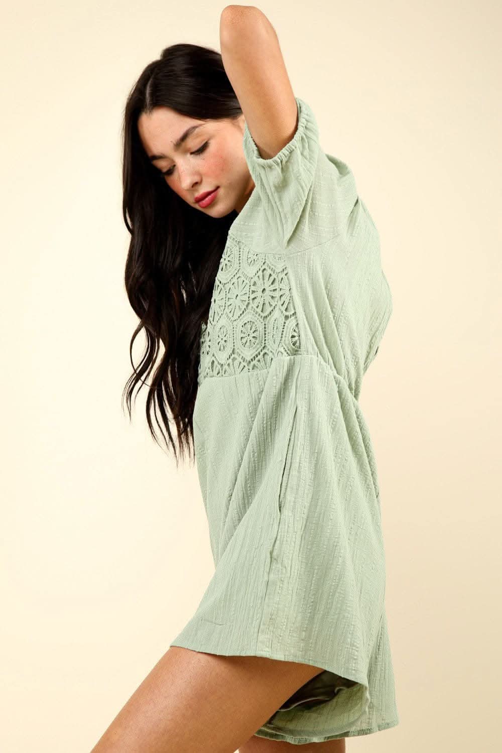 Charming lace puff sleeve romper with pockets