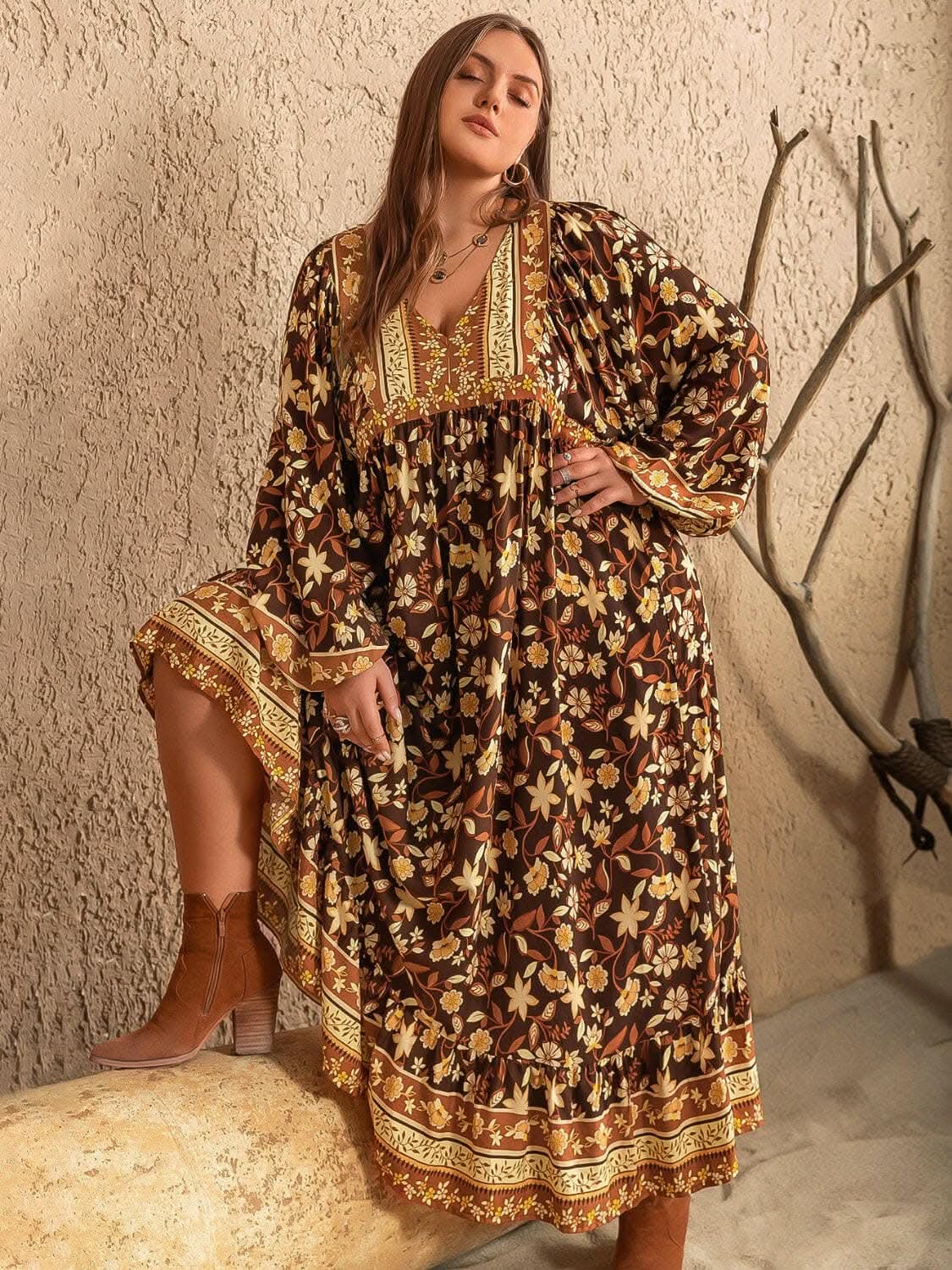Chic plus size v-neck dress with stylish balloon sleeves