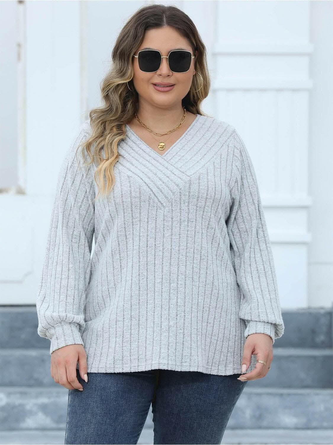 Cozy ribbed v-neck top for curves