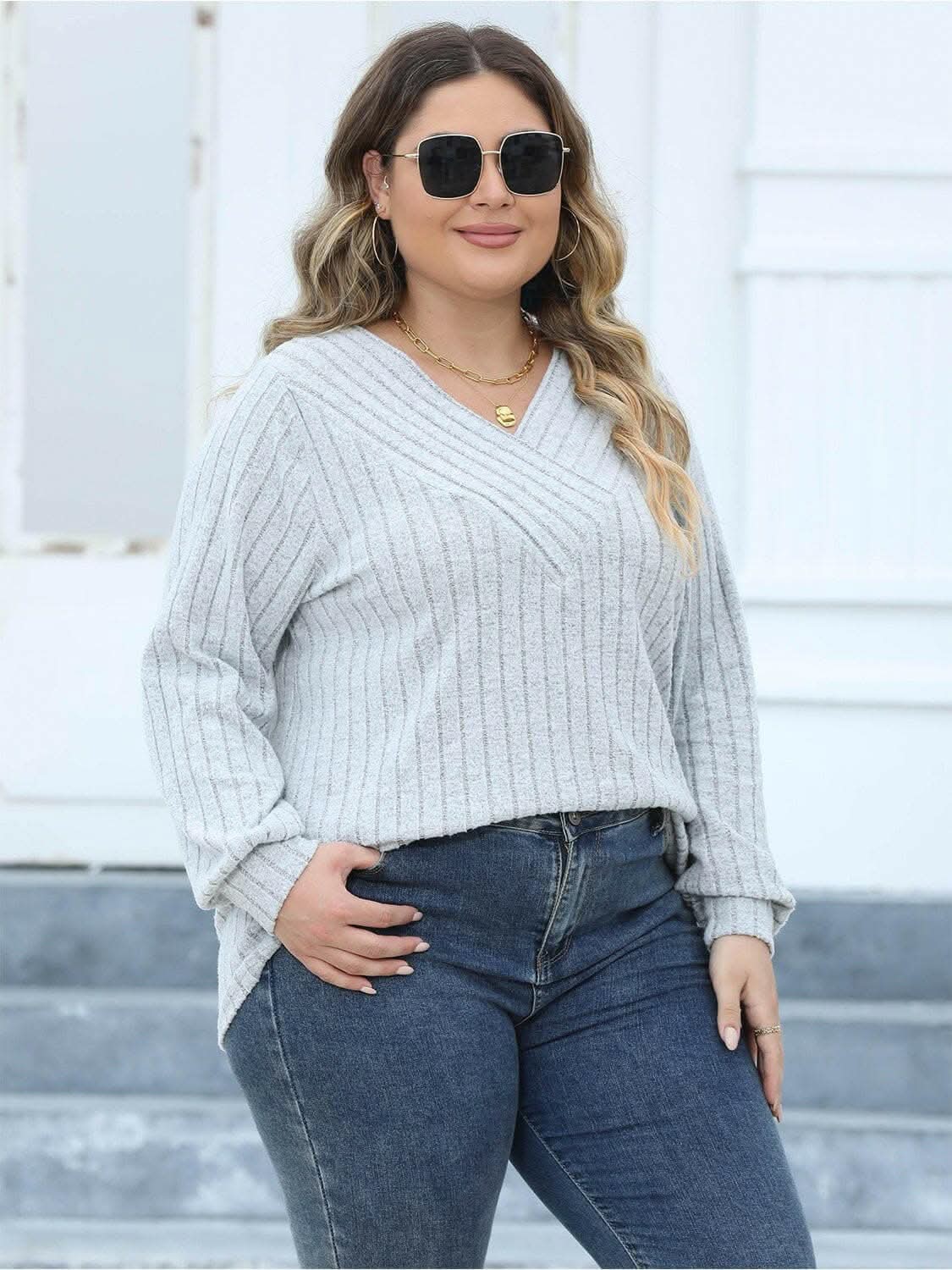 Cozy ribbed v-neck top for curves