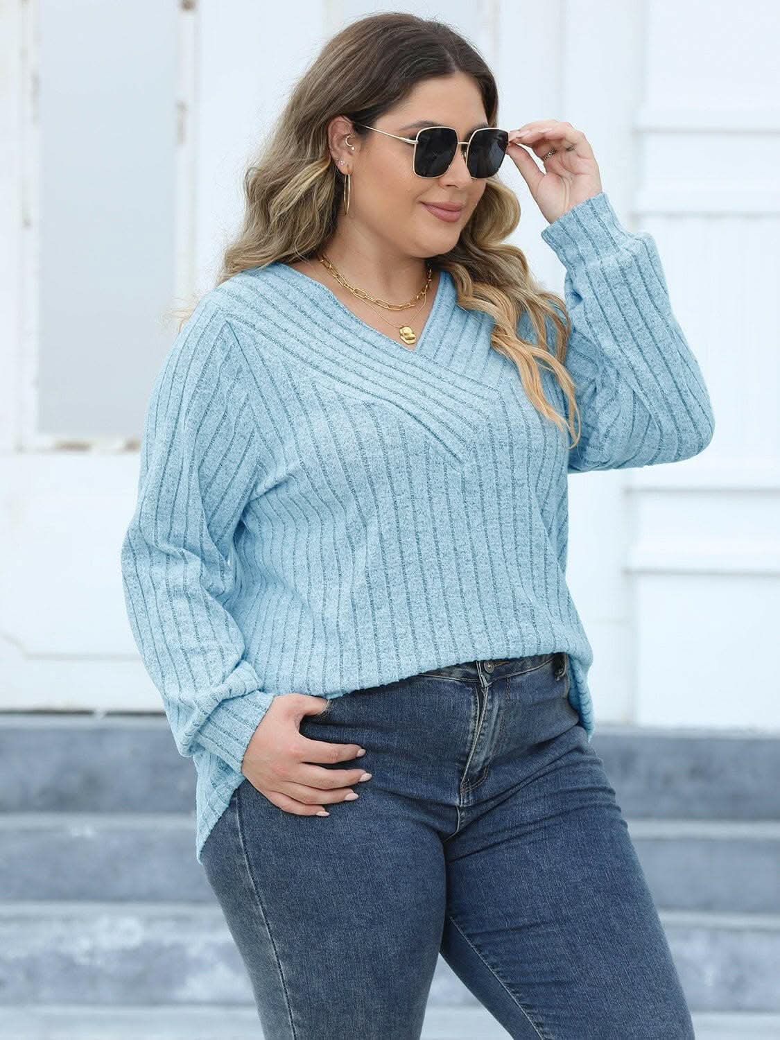 Cozy ribbed v-neck top for curves