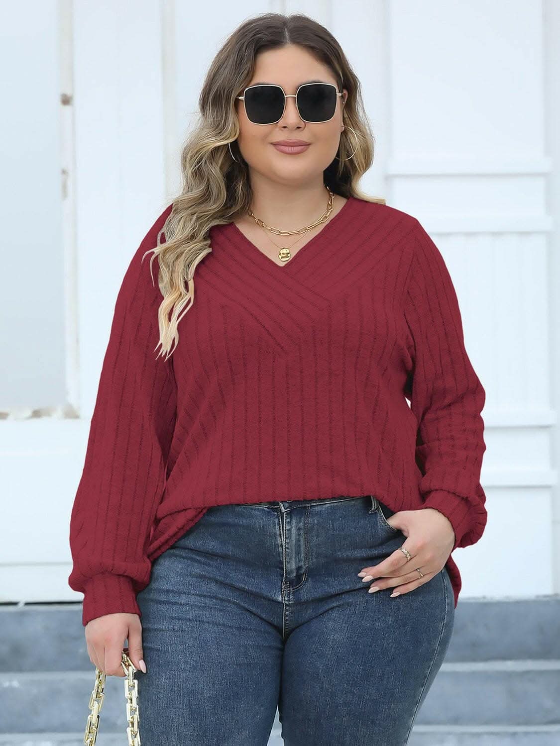Cozy ribbed v-neck top for curves