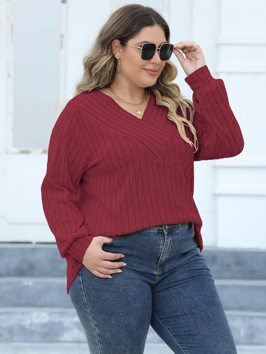 Cozy ribbed v-neck top for curves