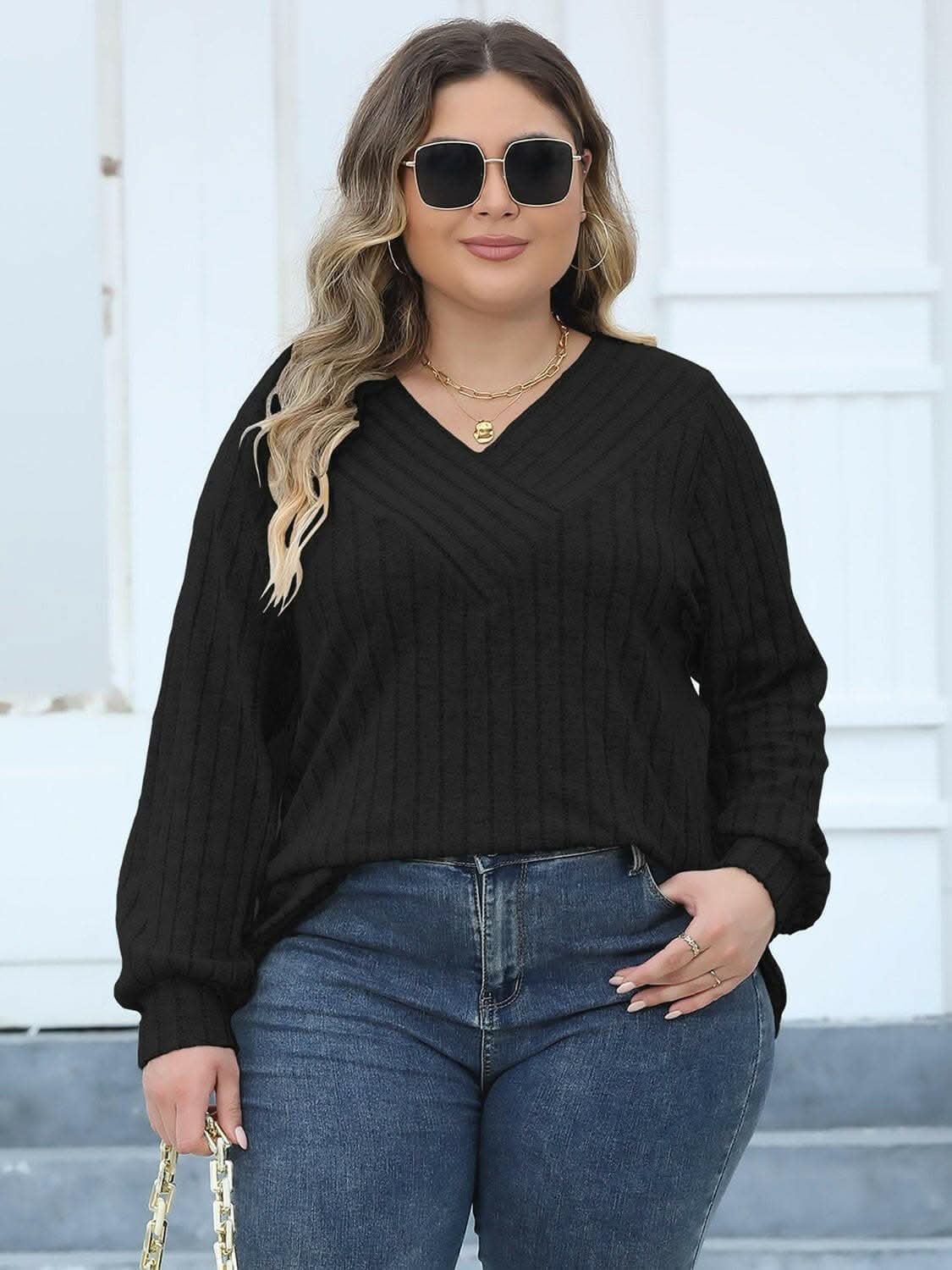 Cozy ribbed v-neck top for curves