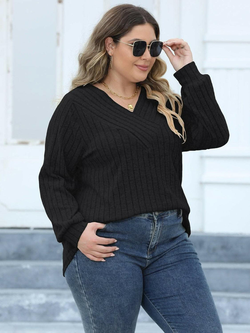 Cozy ribbed v-neck top for curves