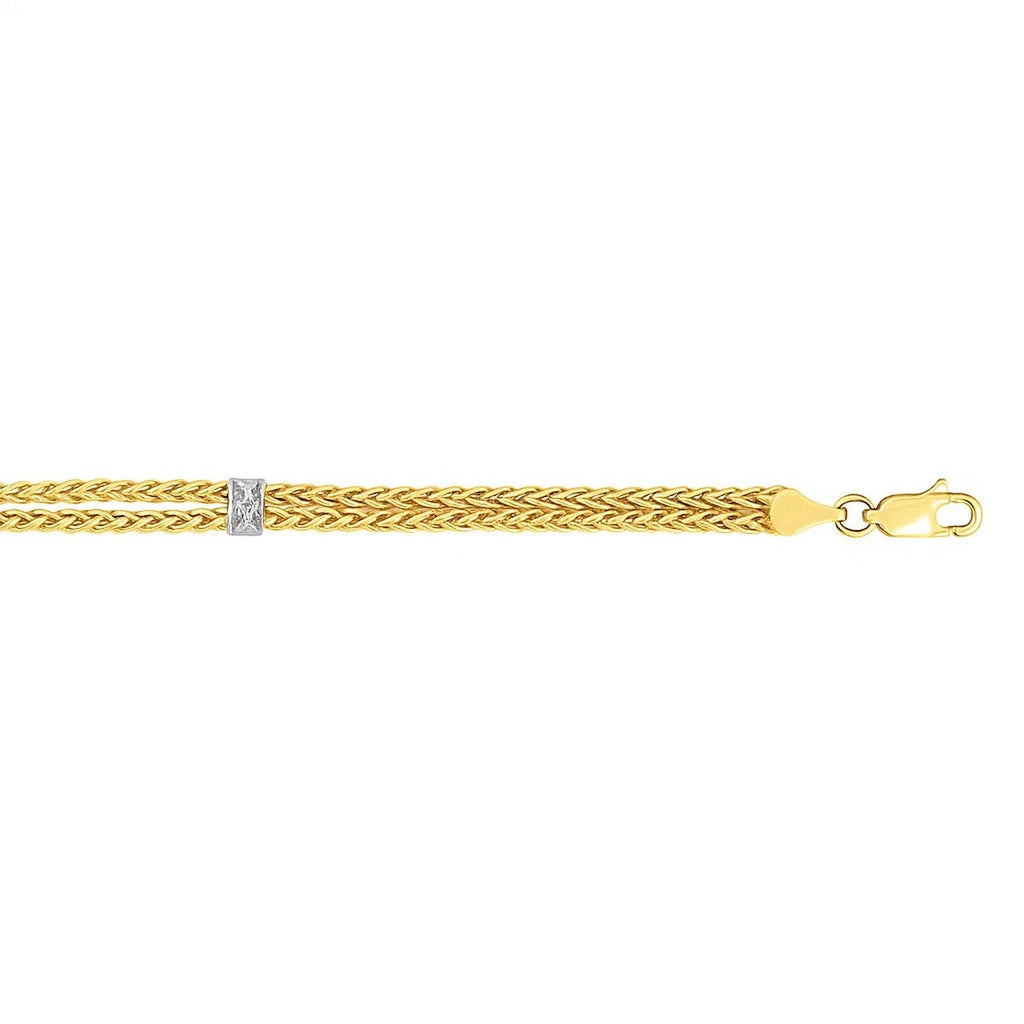 14k Two-Tone Gold Dual Wheat Chain Bracelet with Diamond Stations (3.75 mm)