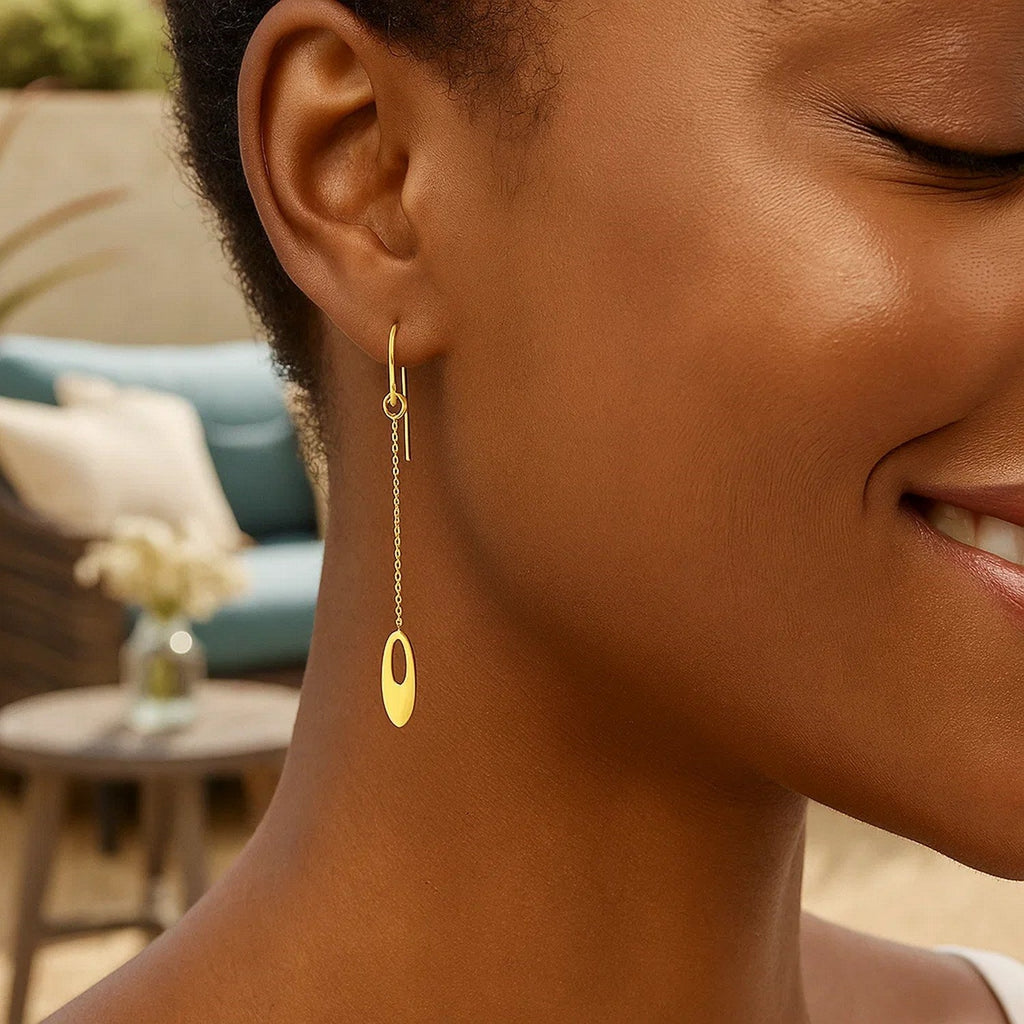 14k Yellow Gold Cutout Oval Chain Dangling Earrings
