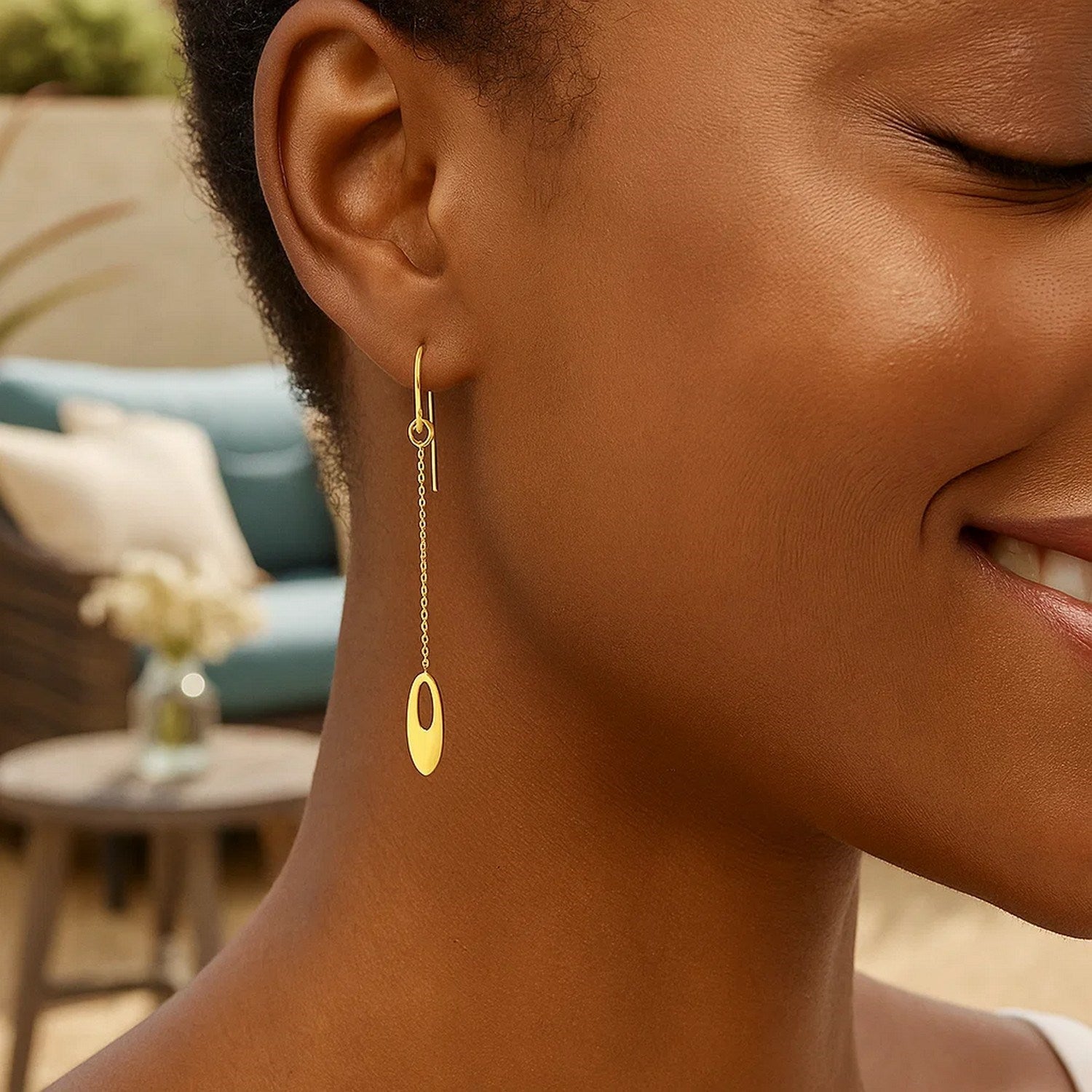 14k Yellow Gold Cutout Oval Chain Dangling Earrings