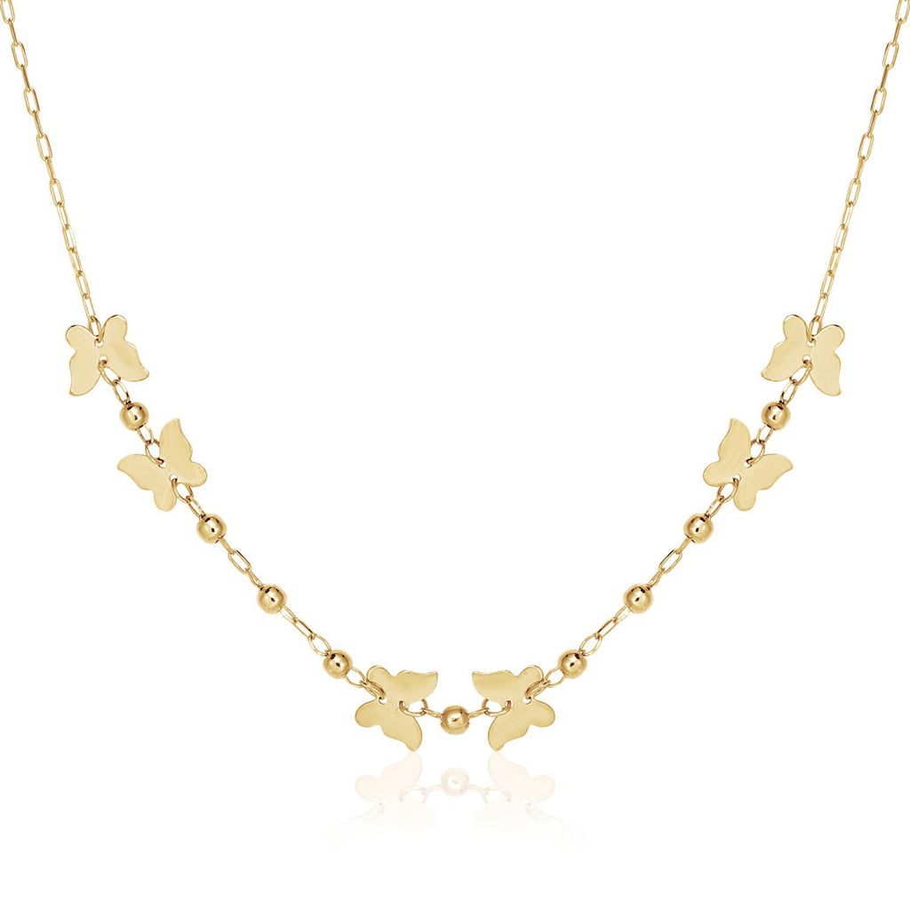 14k Yellow Gold 18 inch Necklace with Polished Butterflies and Beads