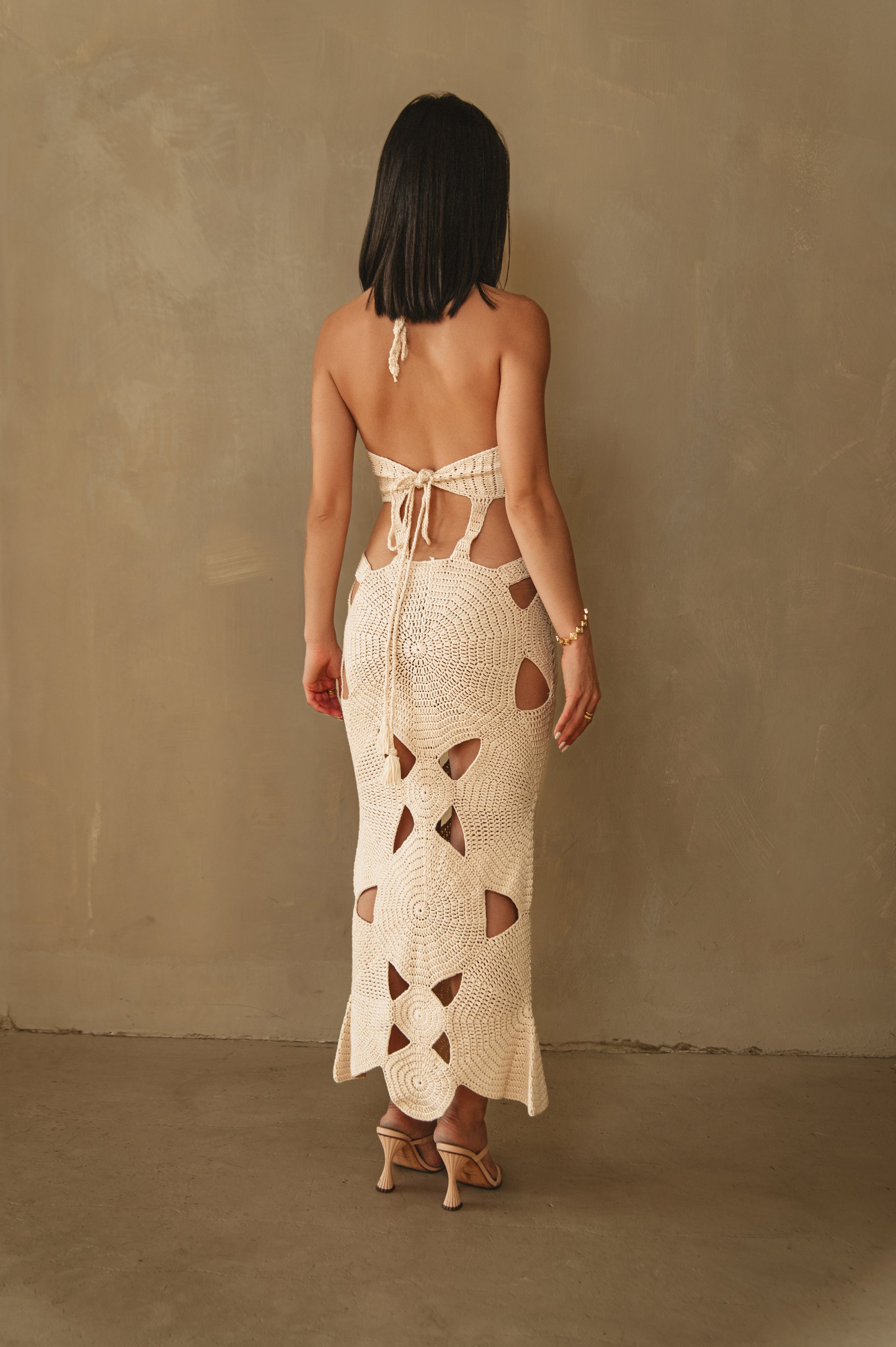 Isla Crochet Halter Neck Dress in Cream with Cut-Outs