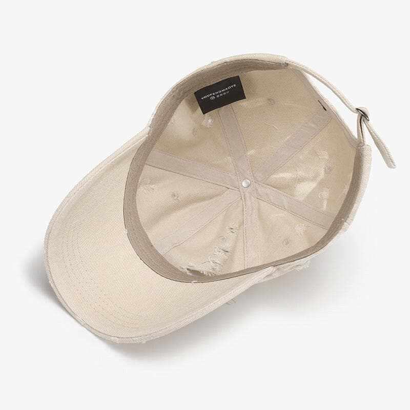 Distressed cotton cap with adjustable fit