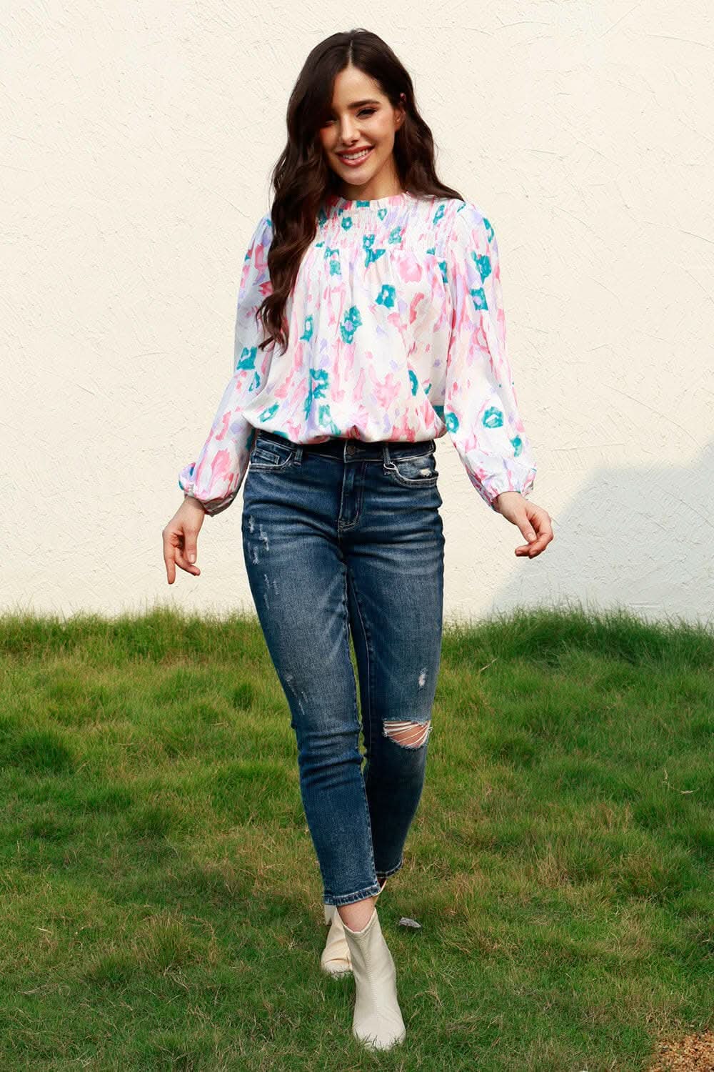 Floral smock blouse with sleeves