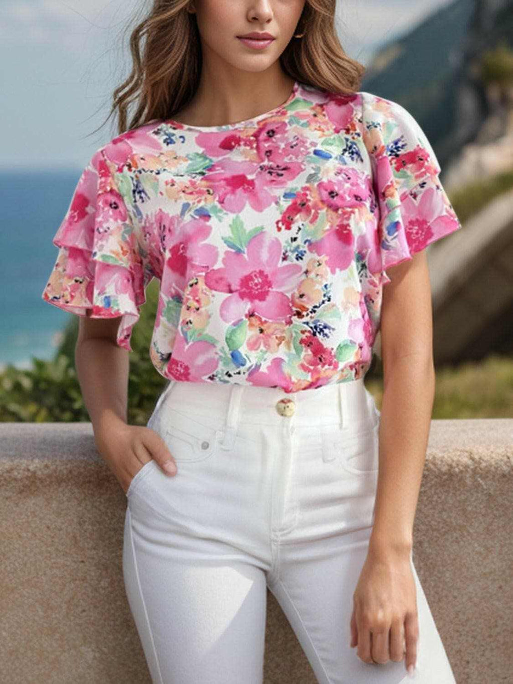 Flutter sleeve sheer blouse