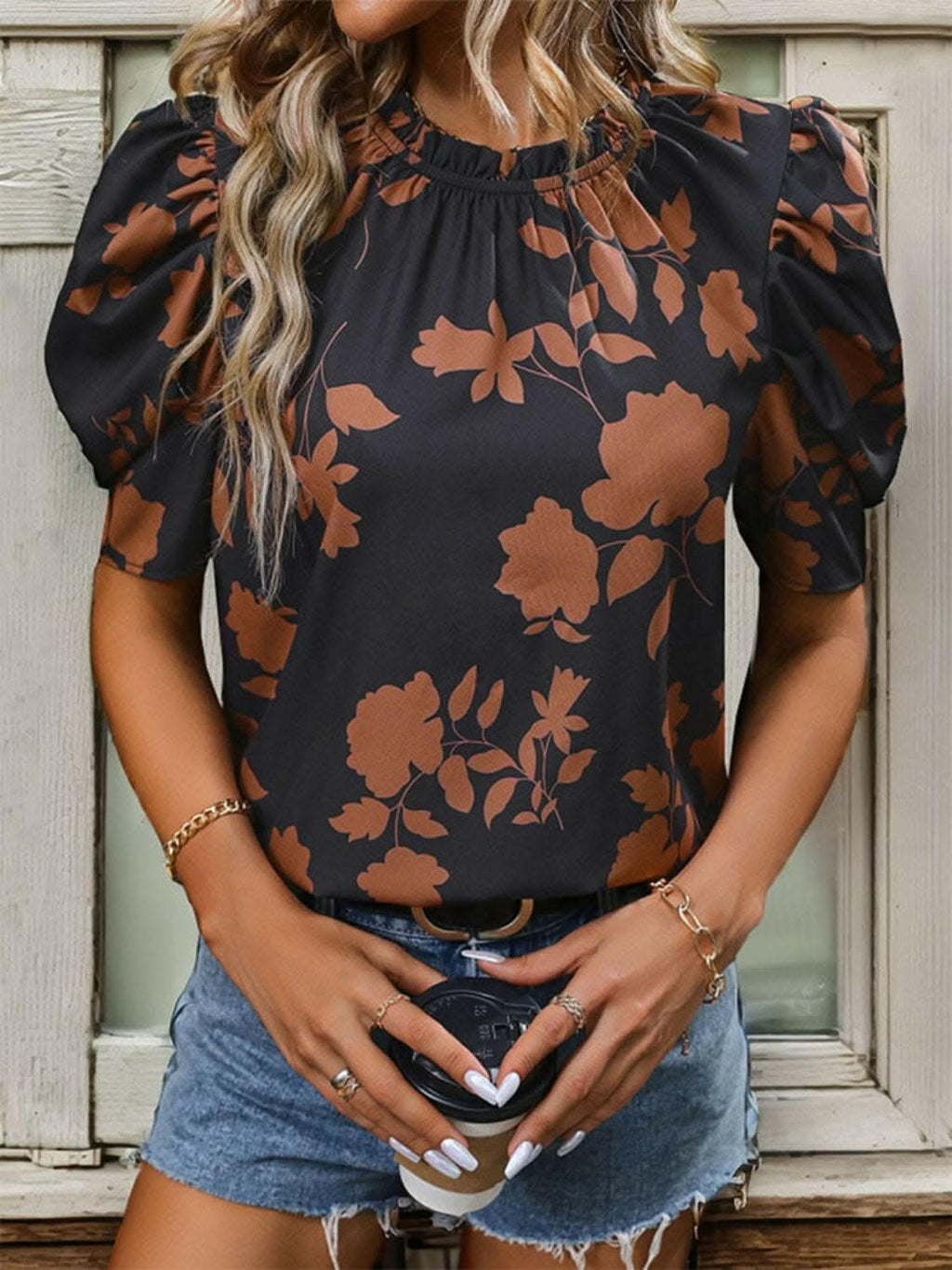 Frill puff sleeve blouse - printed design