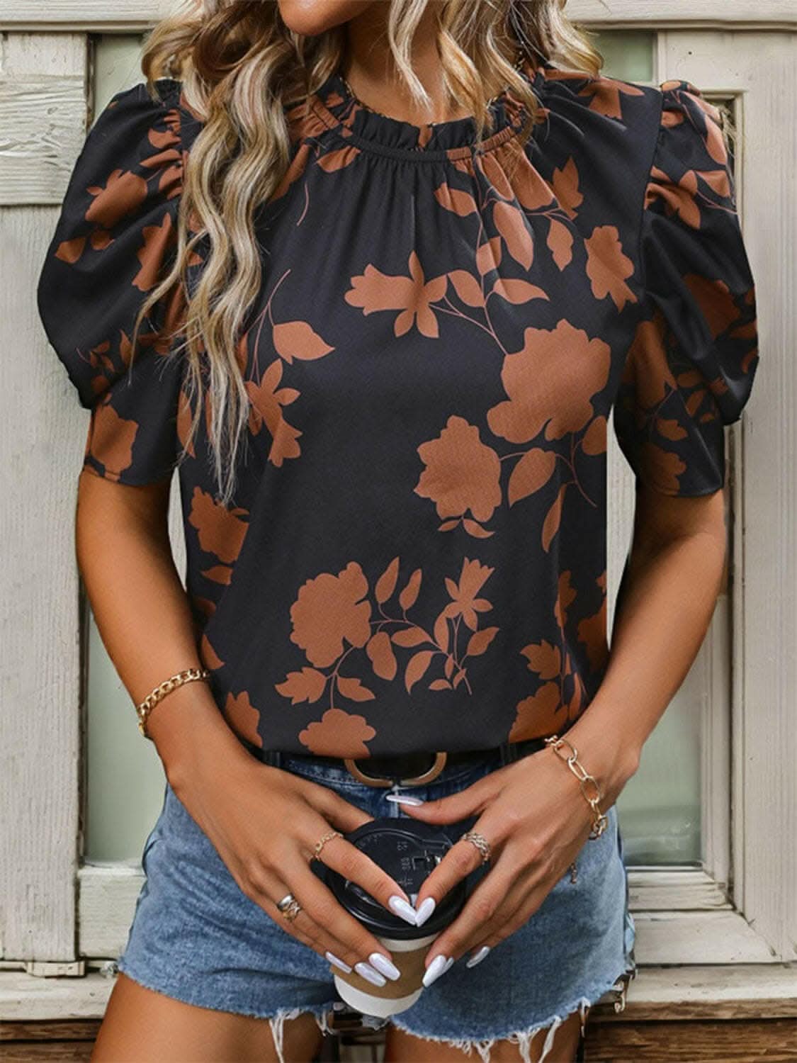 Frill puff sleeve blouse - printed design