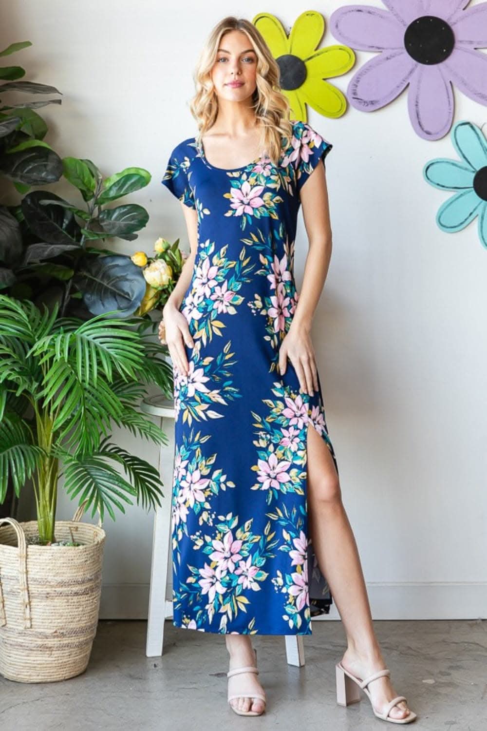 Heimish Full Size Floral Short Sleeve Slit Dress Elegance