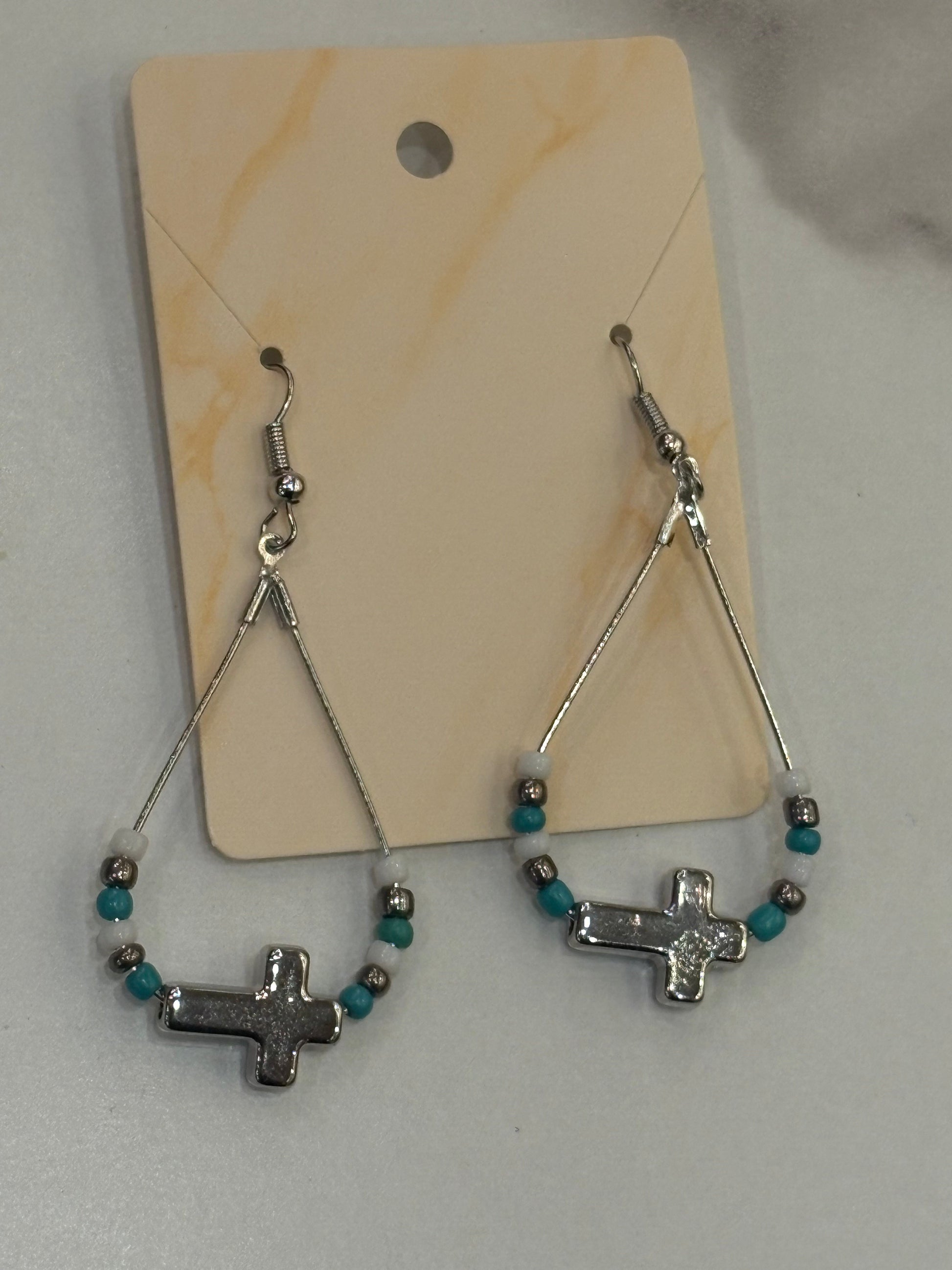 Turquoise & Silver Beaded Teardrop Earrings with Cross Charm