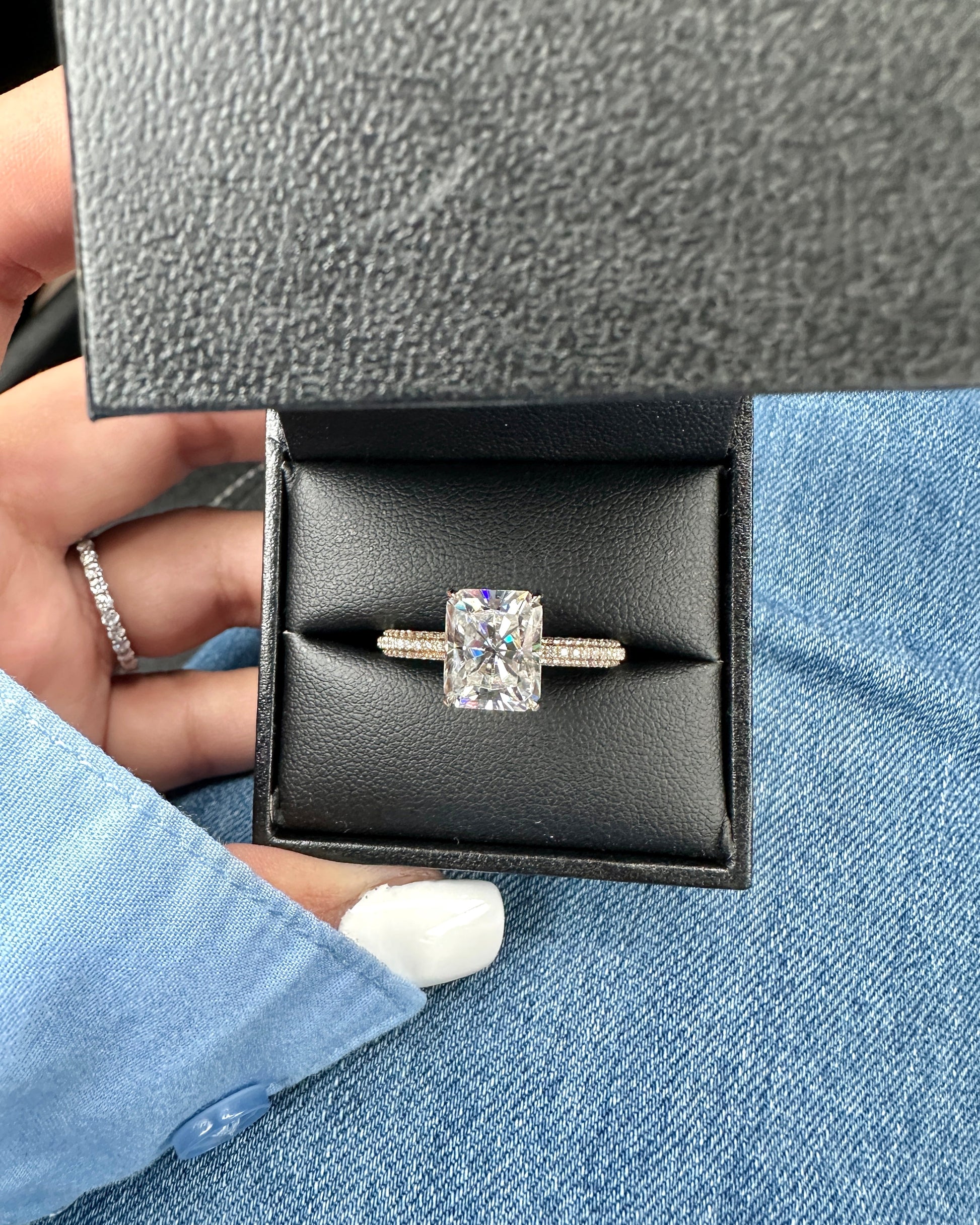 3.0ct Emerald Cut Moissanite Diamond Pavè Three Row Band Engagement Ring