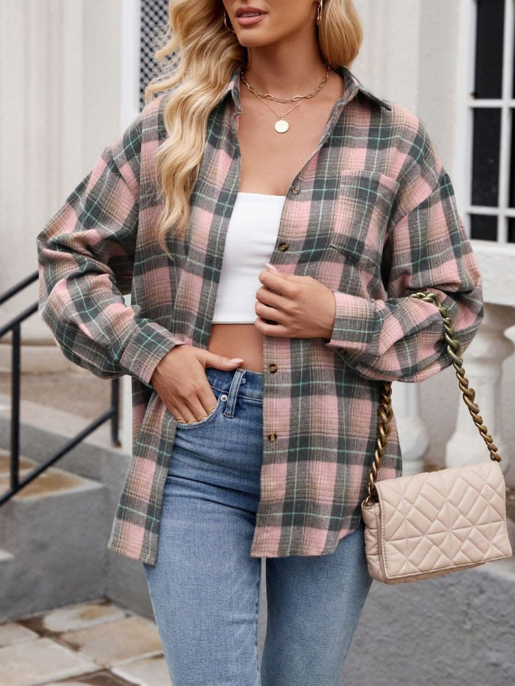 Plaid collared long sleeve shirt
