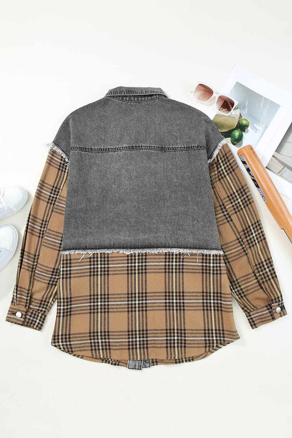 Plaid denim jacket with raw hem