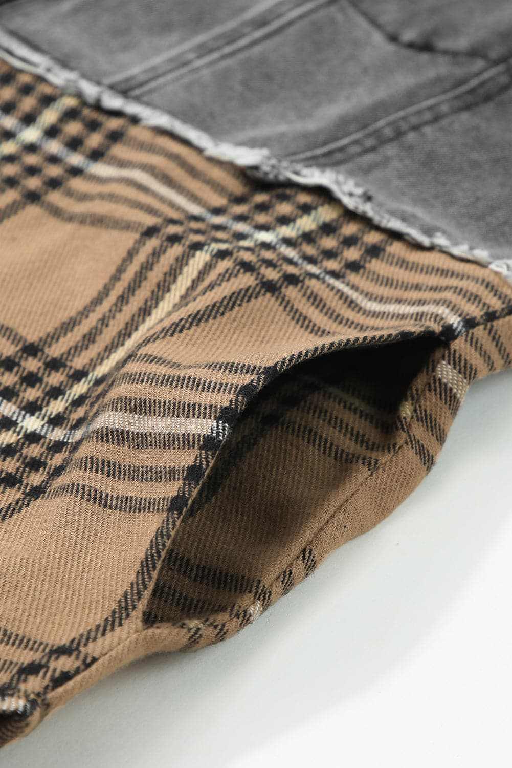 Plaid denim jacket with raw hem