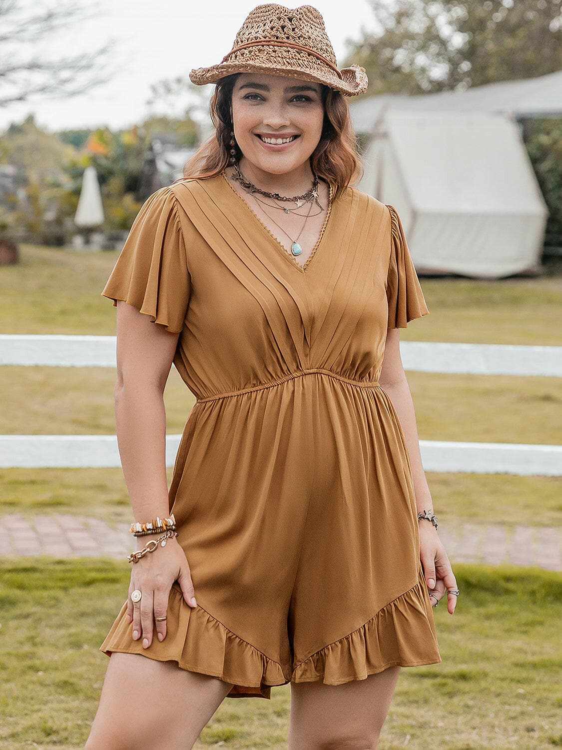 Plus size ruffled short romper