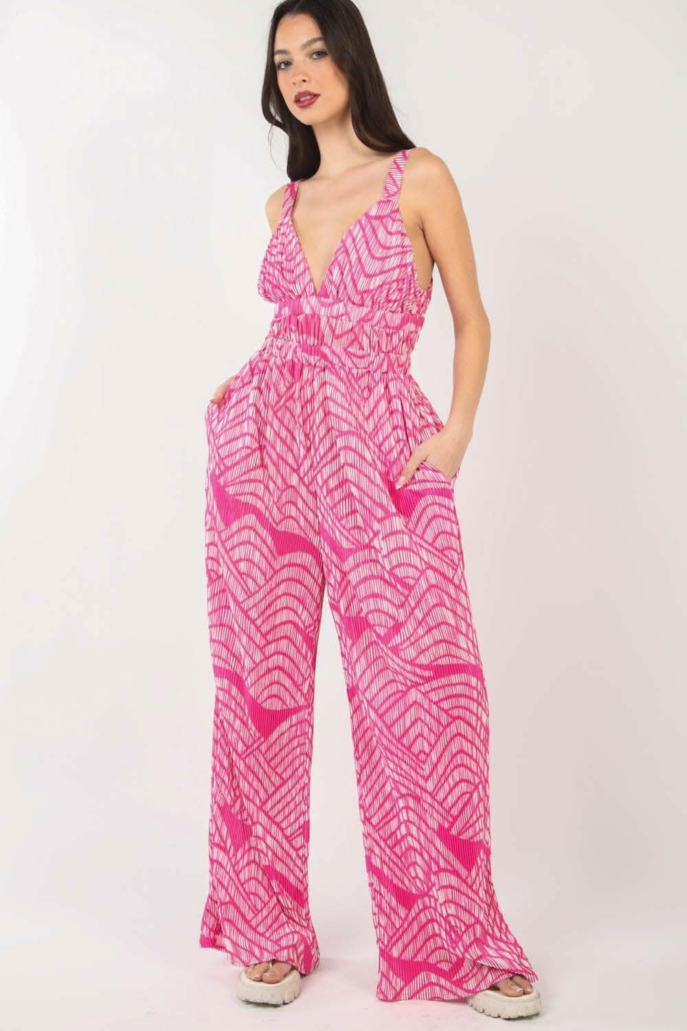 Printed Pattern Wide Leg Jumpsuit with Sleeveless Style