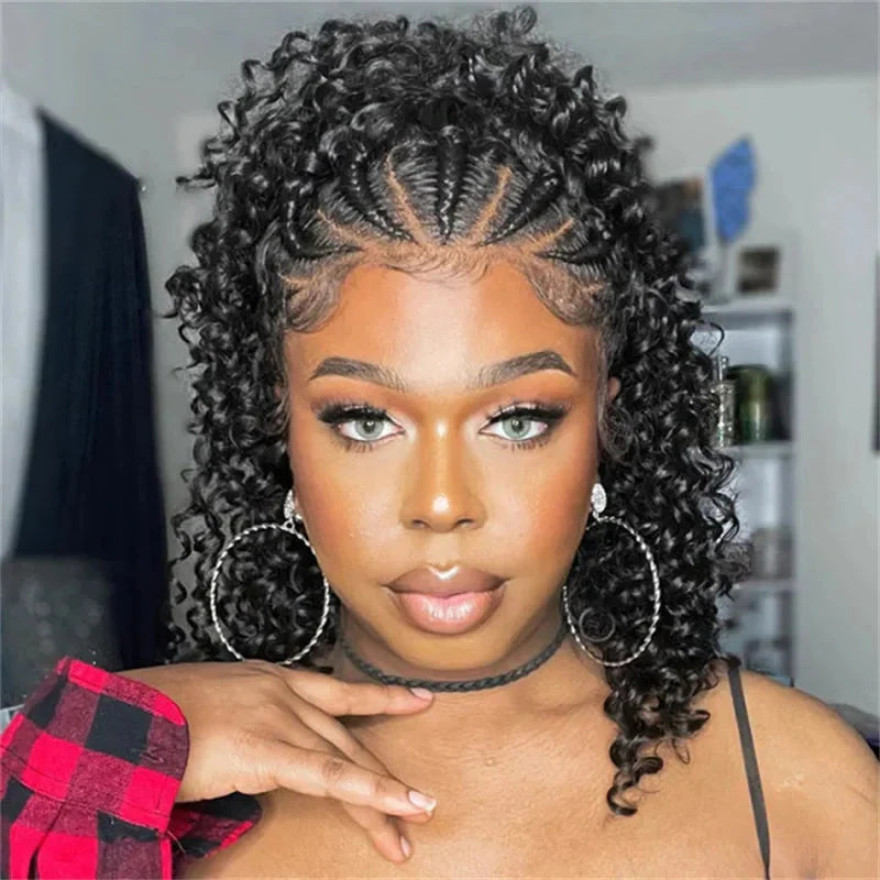 13x4 Human Hair Deep Curl Locs Wig | Knotless Braided Bob | 210 Density | Remy Mongolian Hair