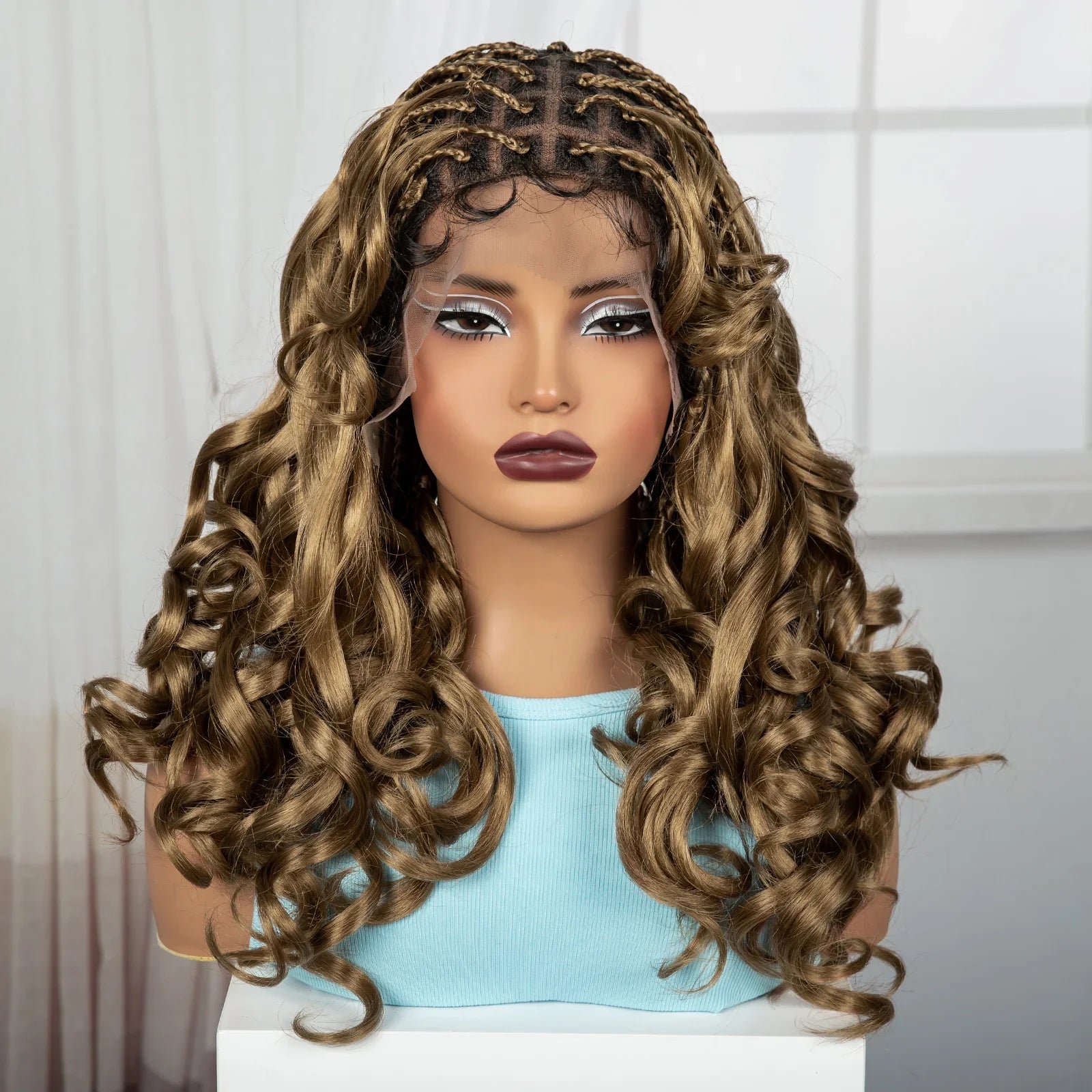 18" #27 Ombre Bouncy Wavy Braided Wig with Bangs | Knotless Box Braids | Full Lace Synthetic Wig with Baby Hair