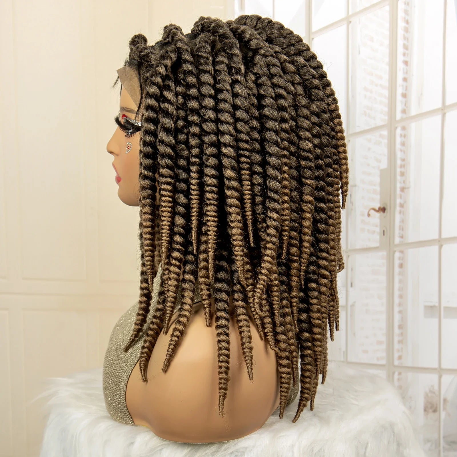 16 Inch Brown Twisted Braided Bob Wig | Full Lace | Kanekalon Fiber | For Black Women