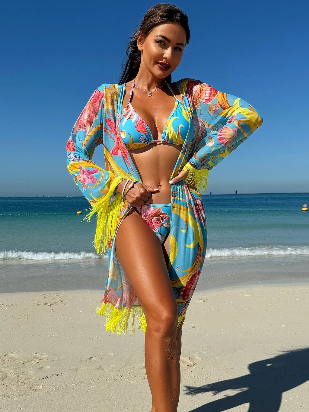 Premium Feely Tassel Drape Three Piece Swimsuit Set for Women