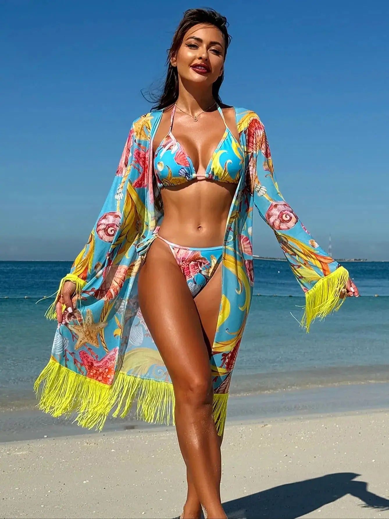 Premium Feely Tassel Drape Three Piece Swimsuit Set for Women