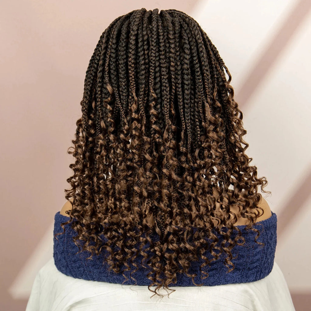 16" Short Brown Box Braided Full Lace Wig | Curly Ends | African Braids | Black Women