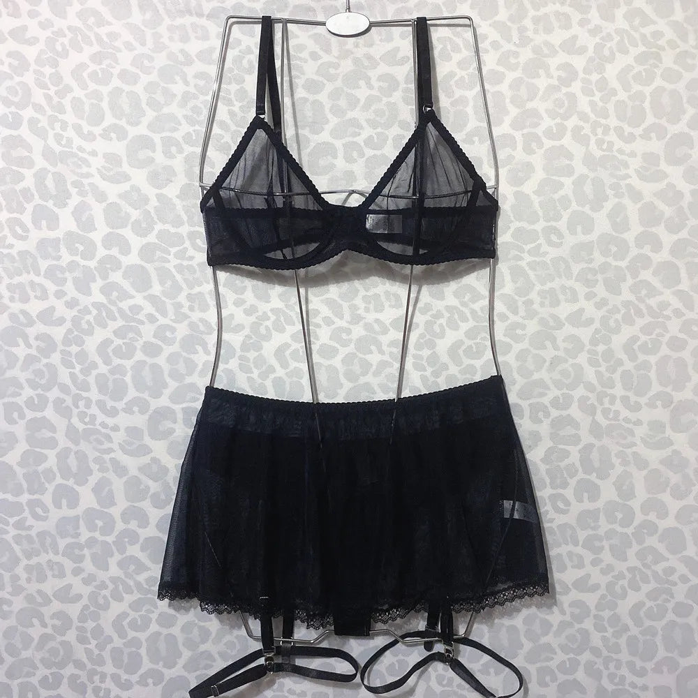 Ellolace Sensual Lingerie Transparent Lace Bra And Panty Set See-through Hemline Seamless Tulle Underwear Black Sexy Outfits