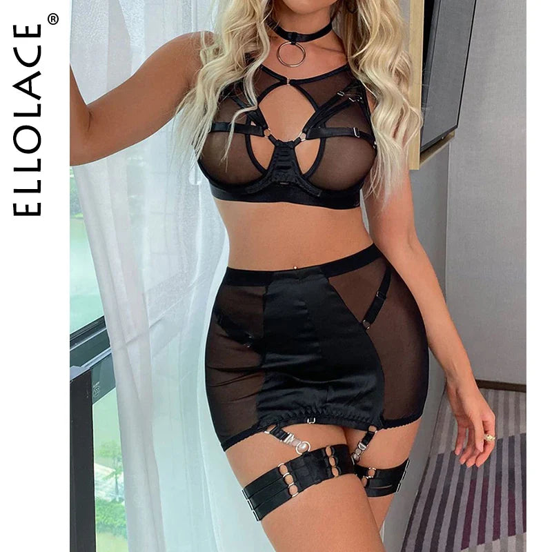 Ellolace Red Lingerie 5-Pieces Fancy Underwear Sexy Women Uncensored Transparent Bra Garters Briefs Sets Bandage Sex Outfits