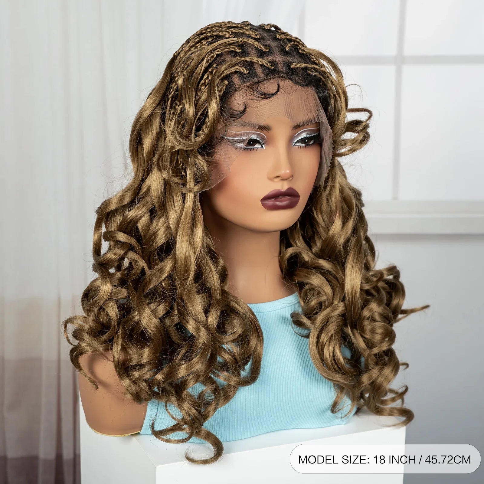 18" #27 Ombre Bouncy Wavy Braided Wig with Bangs | Knotless Box Braids | Full Lace Synthetic Wig with Baby Hair