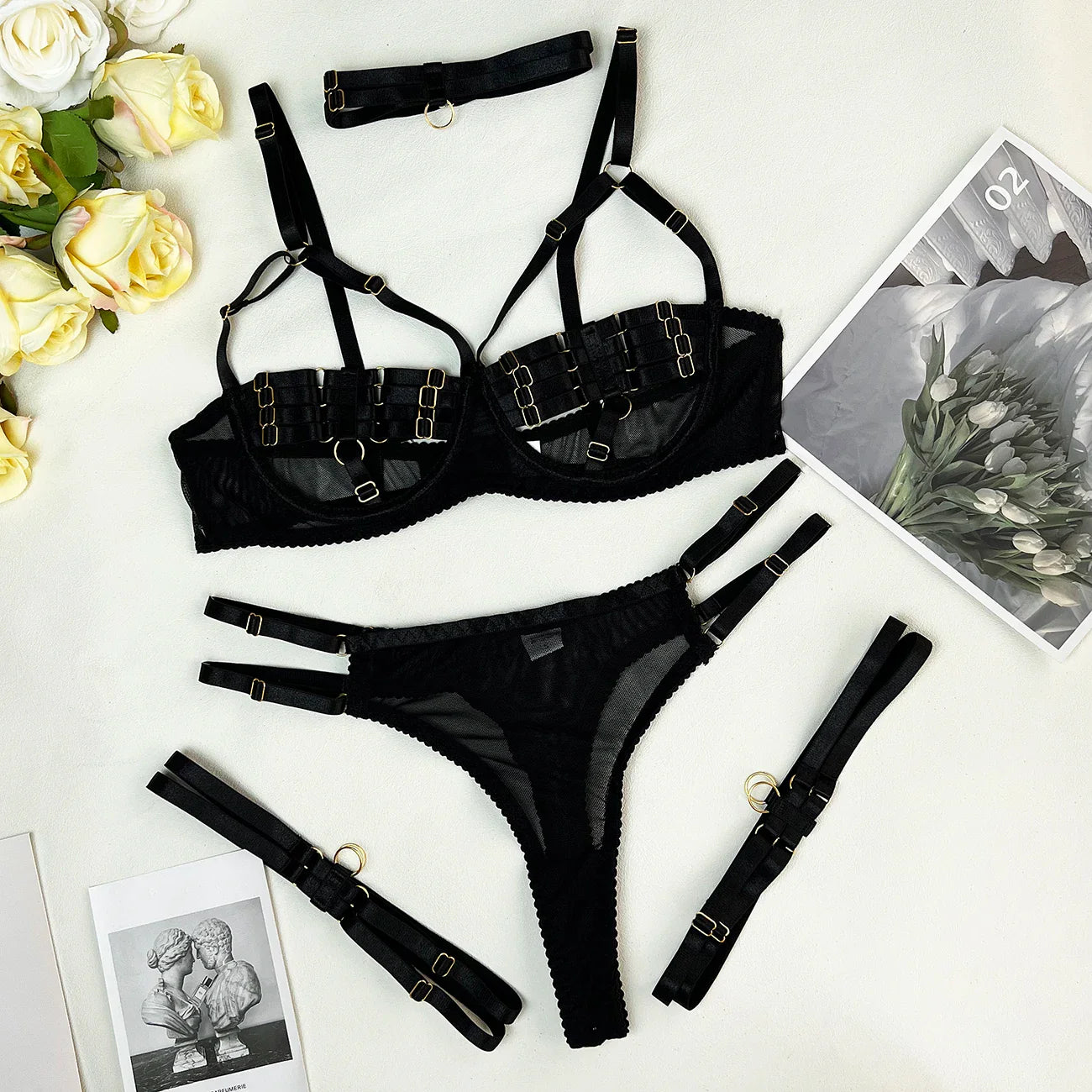 Ellolace Sexy Lingerie Naked Women Without Censorship 5-Piece Sexy Costume Hollow Underwear Uncensored Sensual Open Bra Outfits