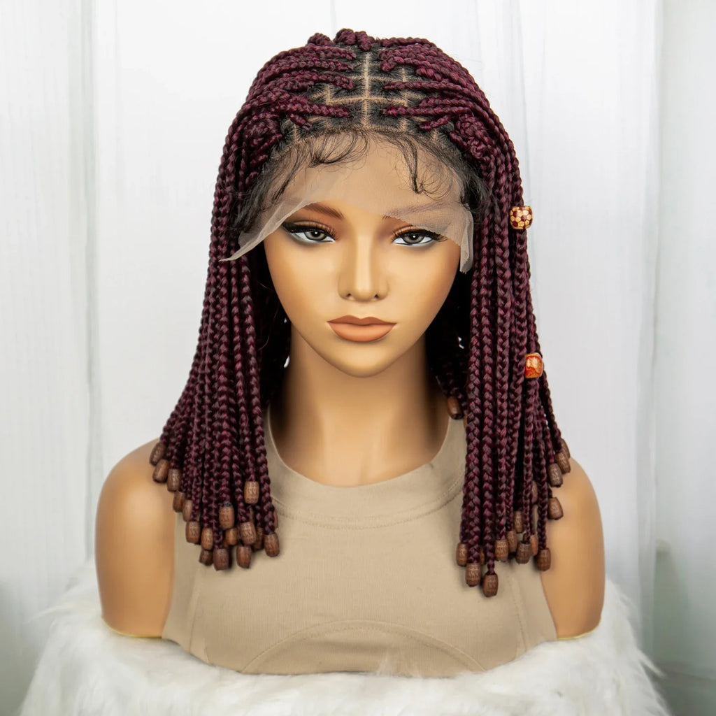 14" Short Bob Box Braided Wig with Beads | Knotless Braids | Synthetic Lace Front Wig | Baby Hair