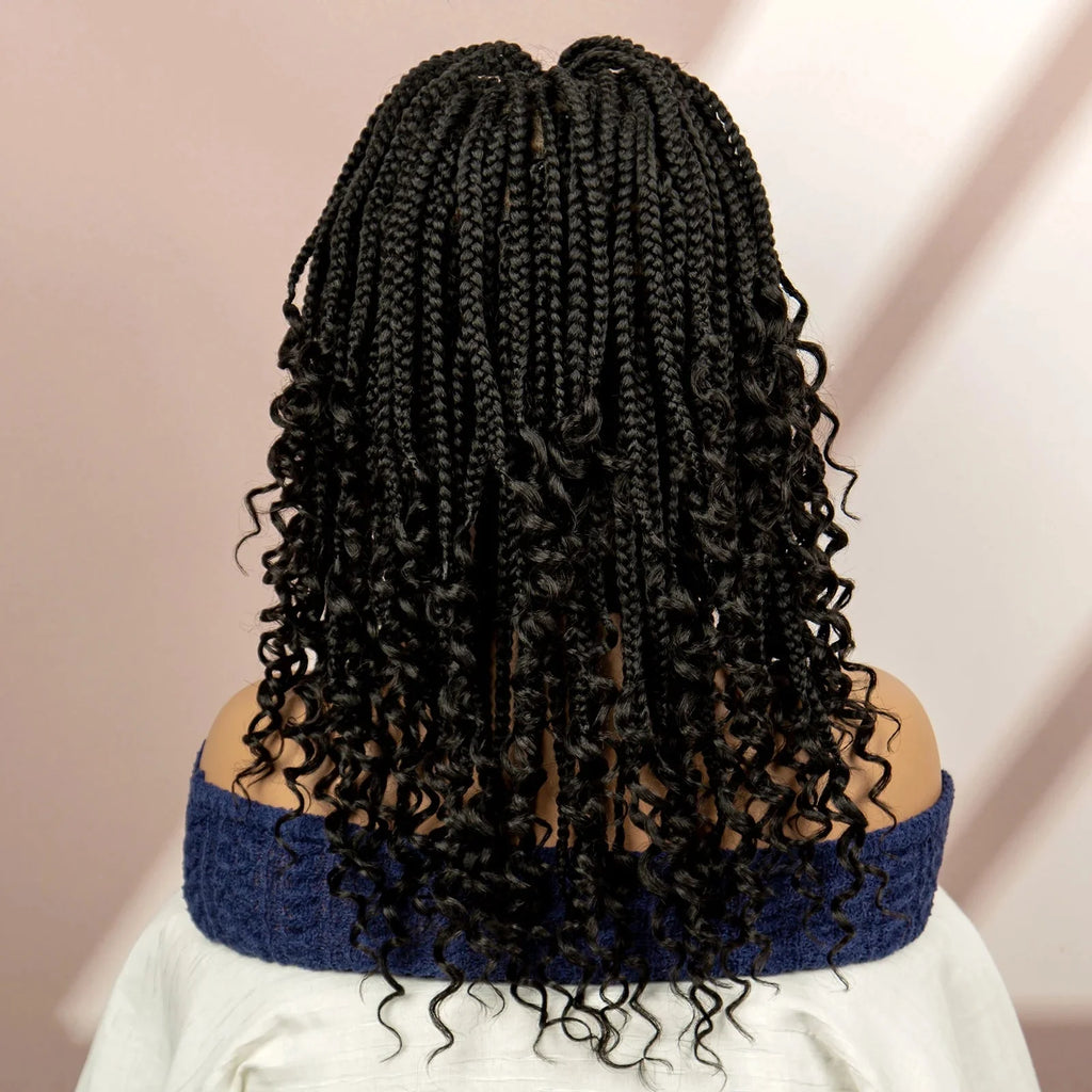 16" Short Brown Box Braided Full Lace Wig | Curly Ends | African Braids | Black Women